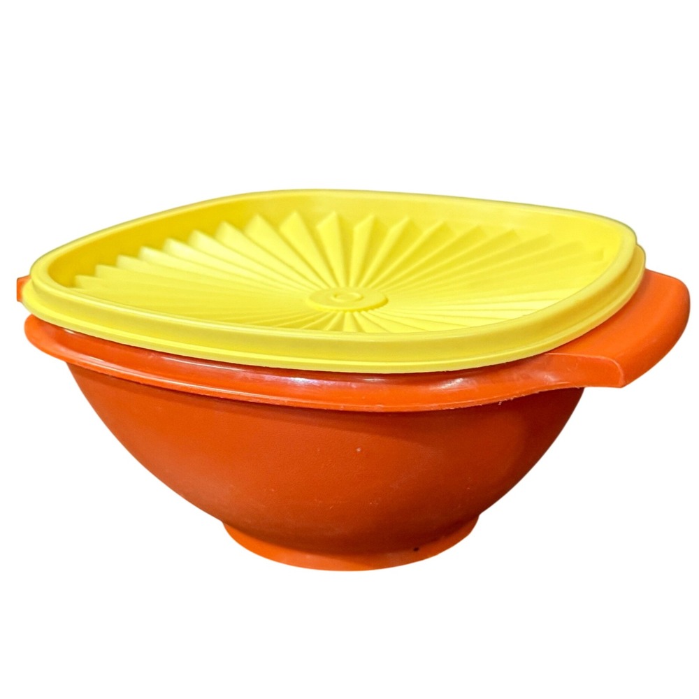 Vintage Tupperware Orange Servalier Bowl 838-4 with Yellow Sunburst Lid USA